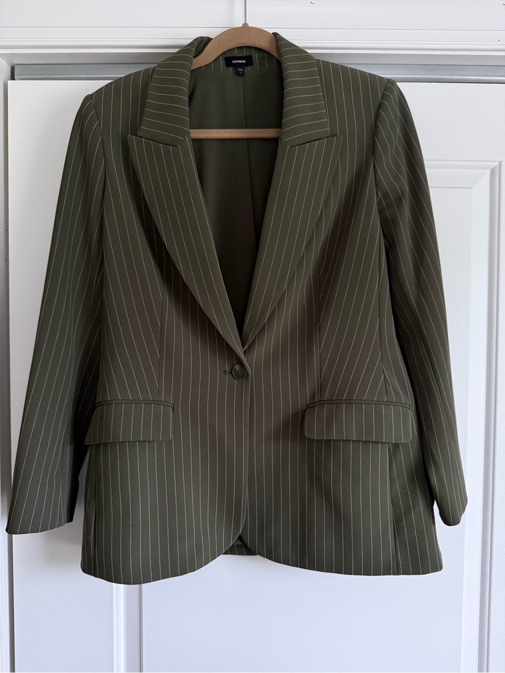 Express Olive Pinstripe Single-Button Blazer